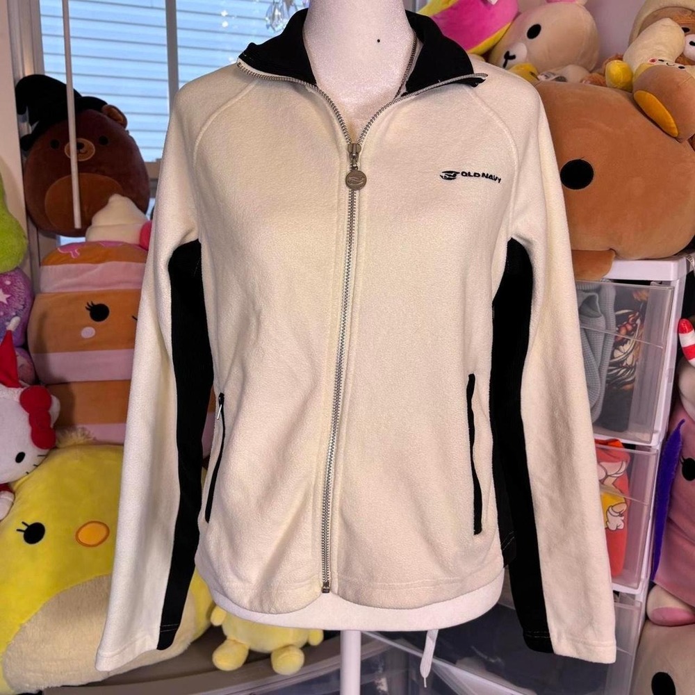 Vintage 90’s White & Black Old Navy Fleece Zip Up Jacket W/ Collar